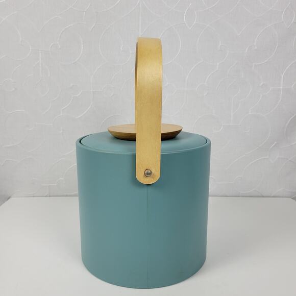 Vintage Georges Briard Ice Bucket with Handle Blue MCM Leatherette and Wood - Picture 4 of 15